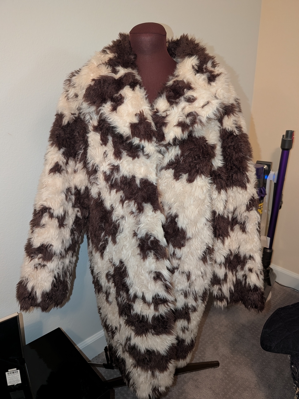 Faux Fur Long Coat in Brown & Cream